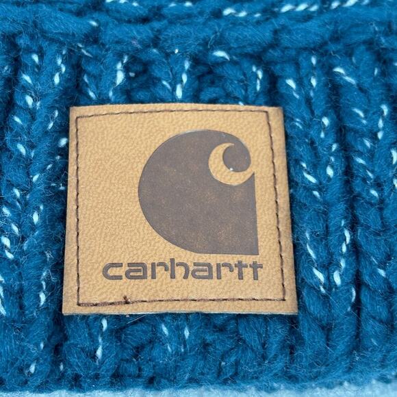 Carhartt Womens Beanie Hat One Size Teal Rib Knit Faux Fur Lined Pom Pom - Picture 3 of 5